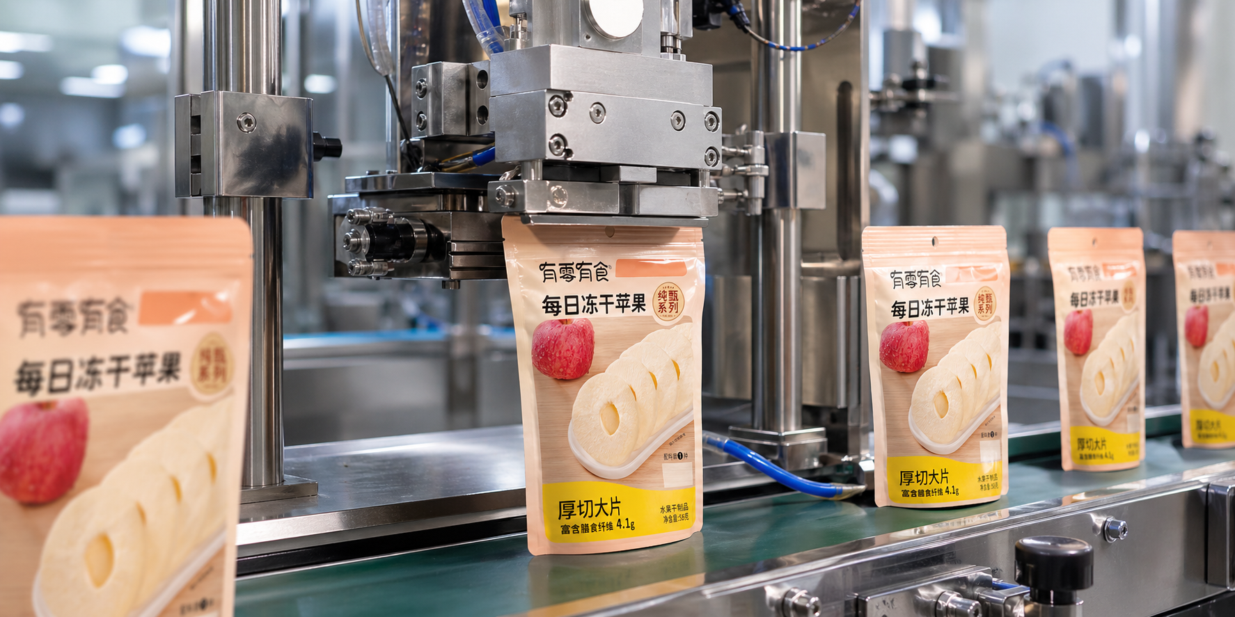 Automated packaging line for freeze-dried strawberry finished products at UrSnacks