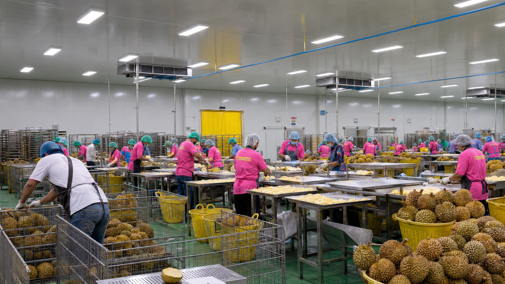 Manual durian pulp extraction line inside a processing facility