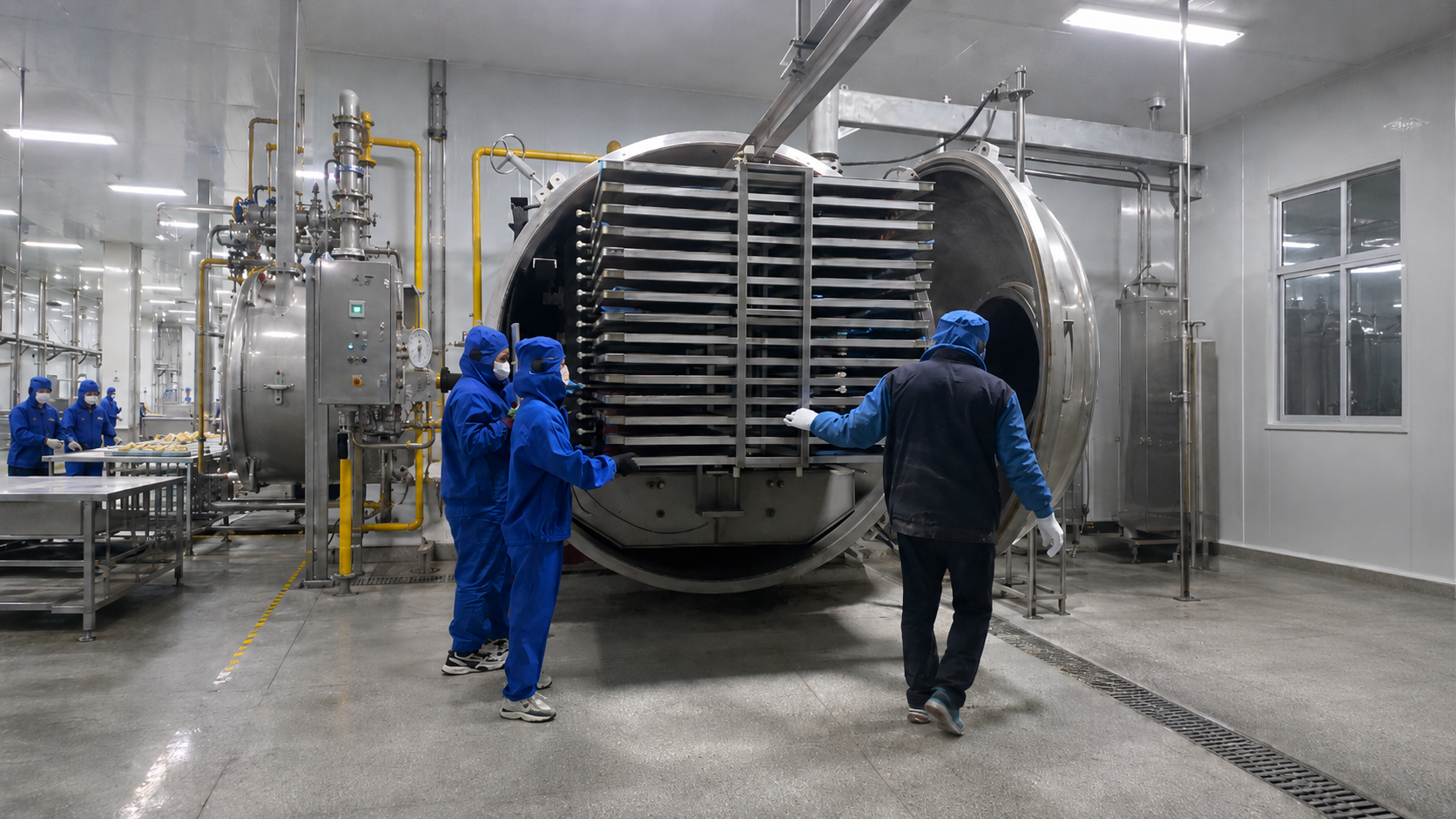 Freeze-dried fruit material being discharged from a vacuum freeze dryer