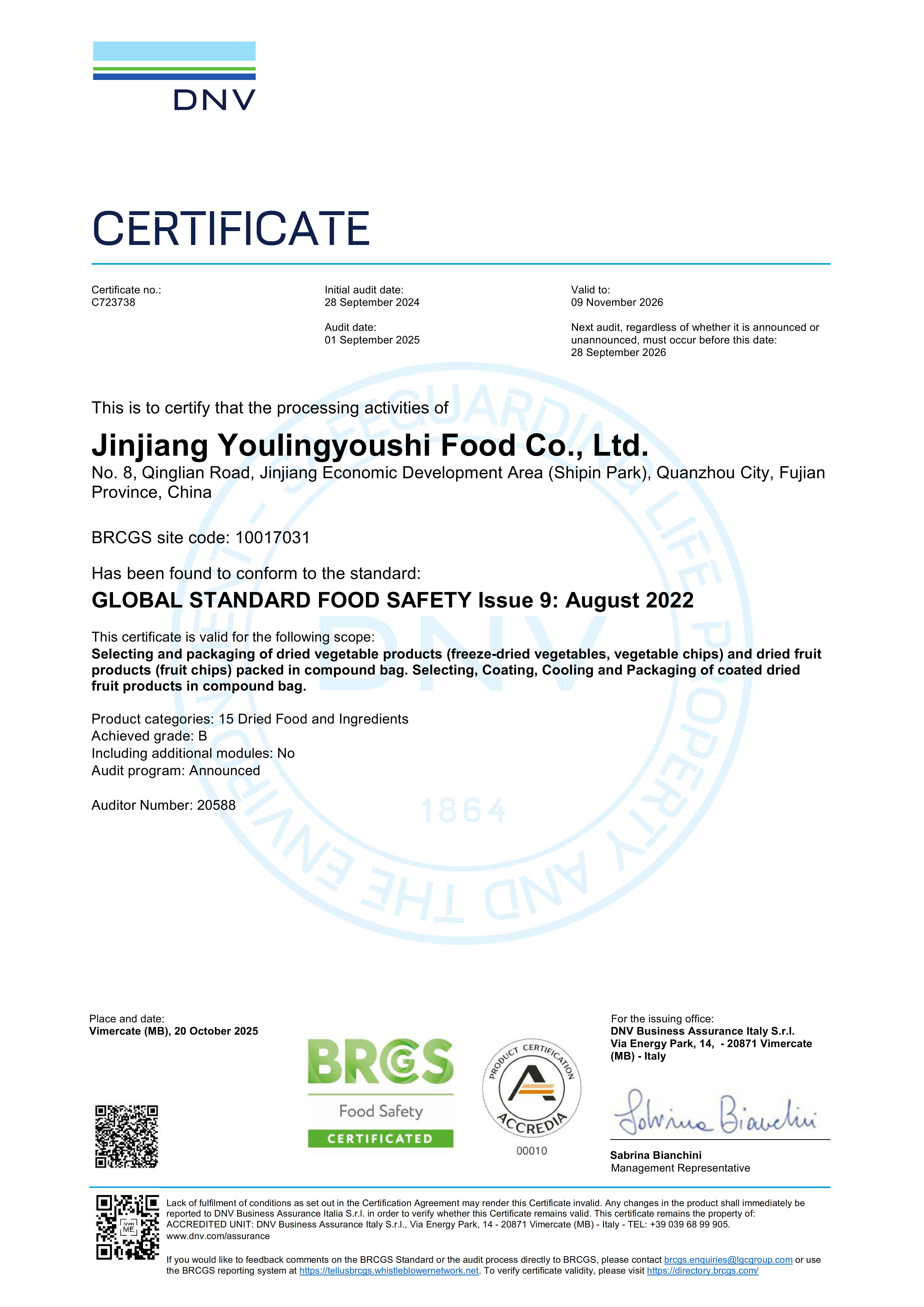 BRCGS Global Standard Food Safety certificate for UrSnacks freeze-dried strawberry