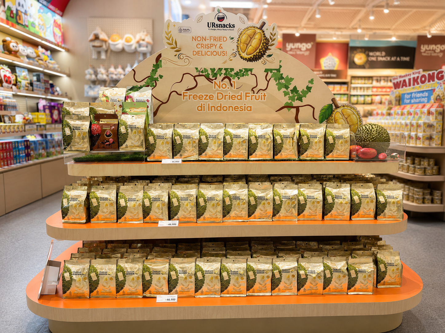 Indonesia retail display of UrSnacks freeze-dried durian promotional island