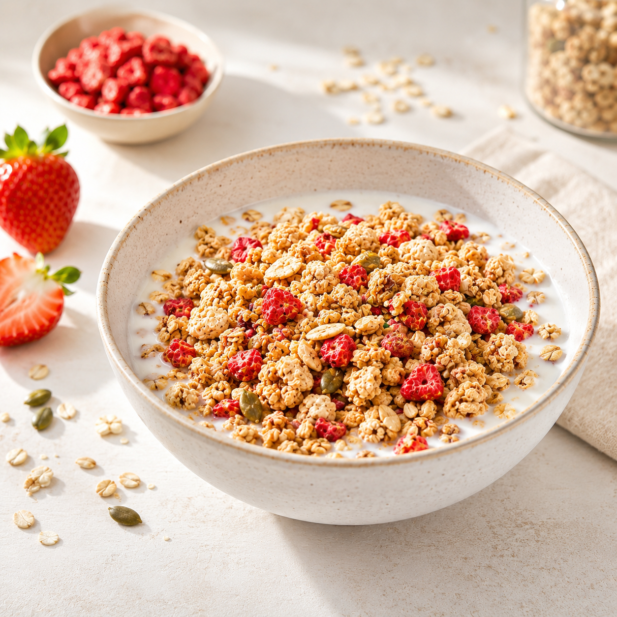 Freeze-dried strawberry pieces blended into granola production