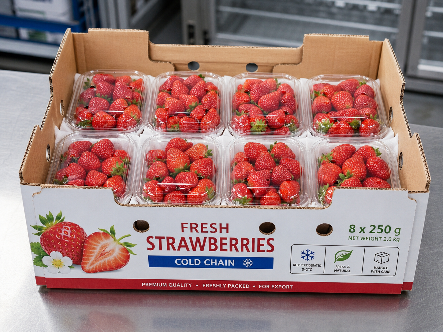 Fresh strawberry clamshell punnet packed for B2B export
