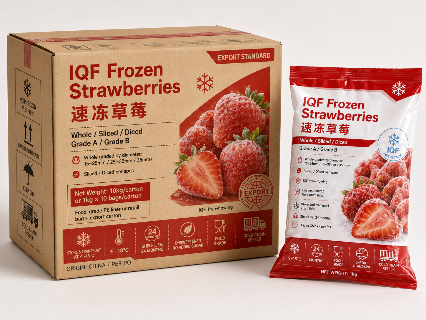 IQF frozen whole strawberries free-flowing for food manufacturing