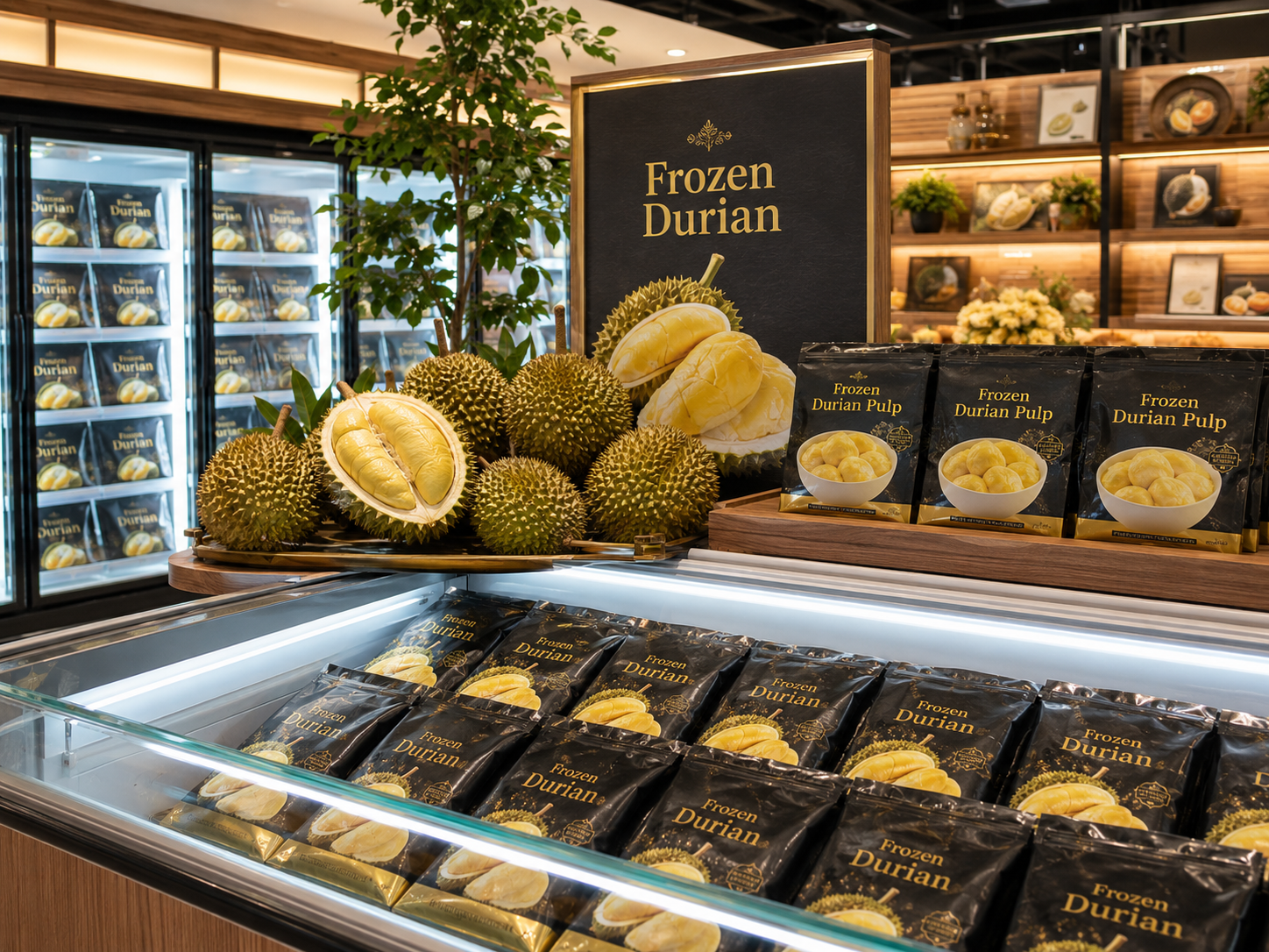 Frozen durian in retail supermarket display for B2B market reference