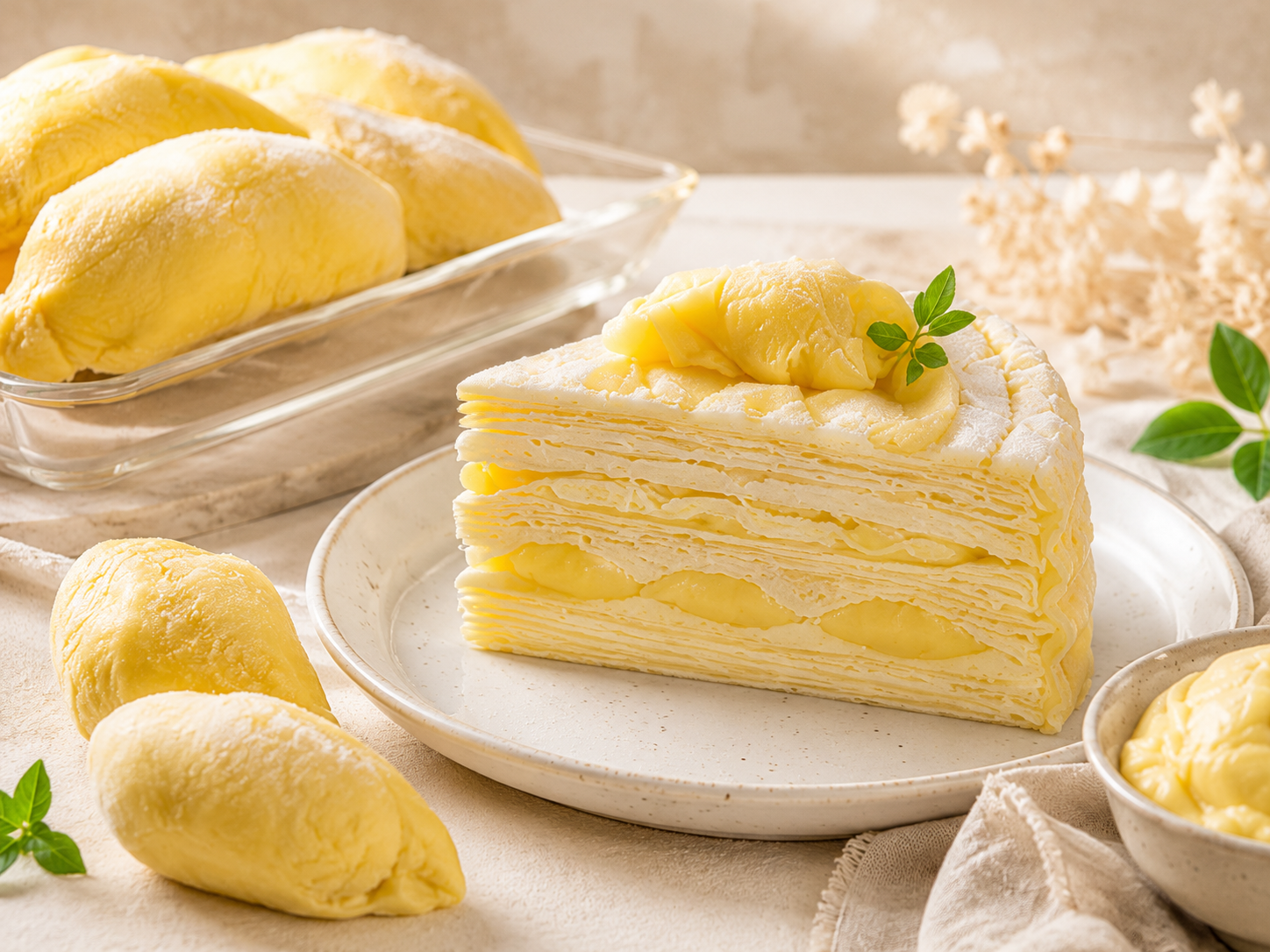Frozen durian pulp used in mille crepe cake and layered dessert application