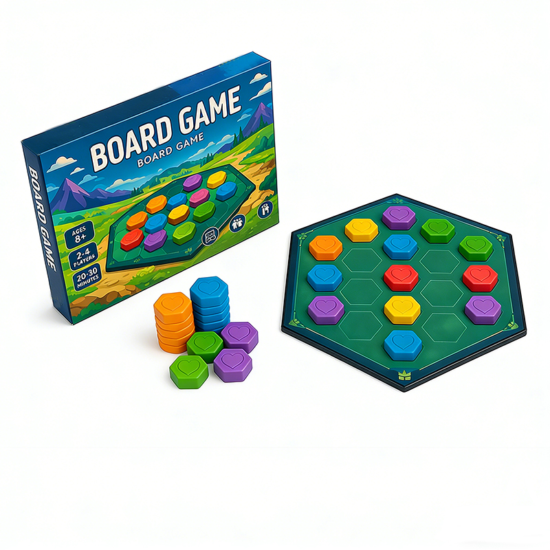 Final packaged board game products with quality assurance markings