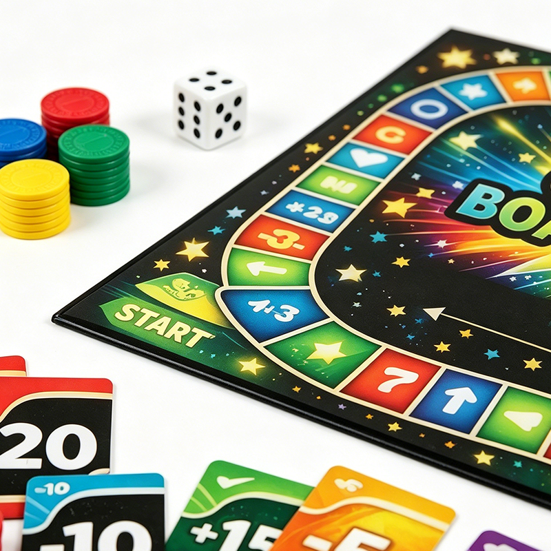 Custom board game components including cards, board, and box