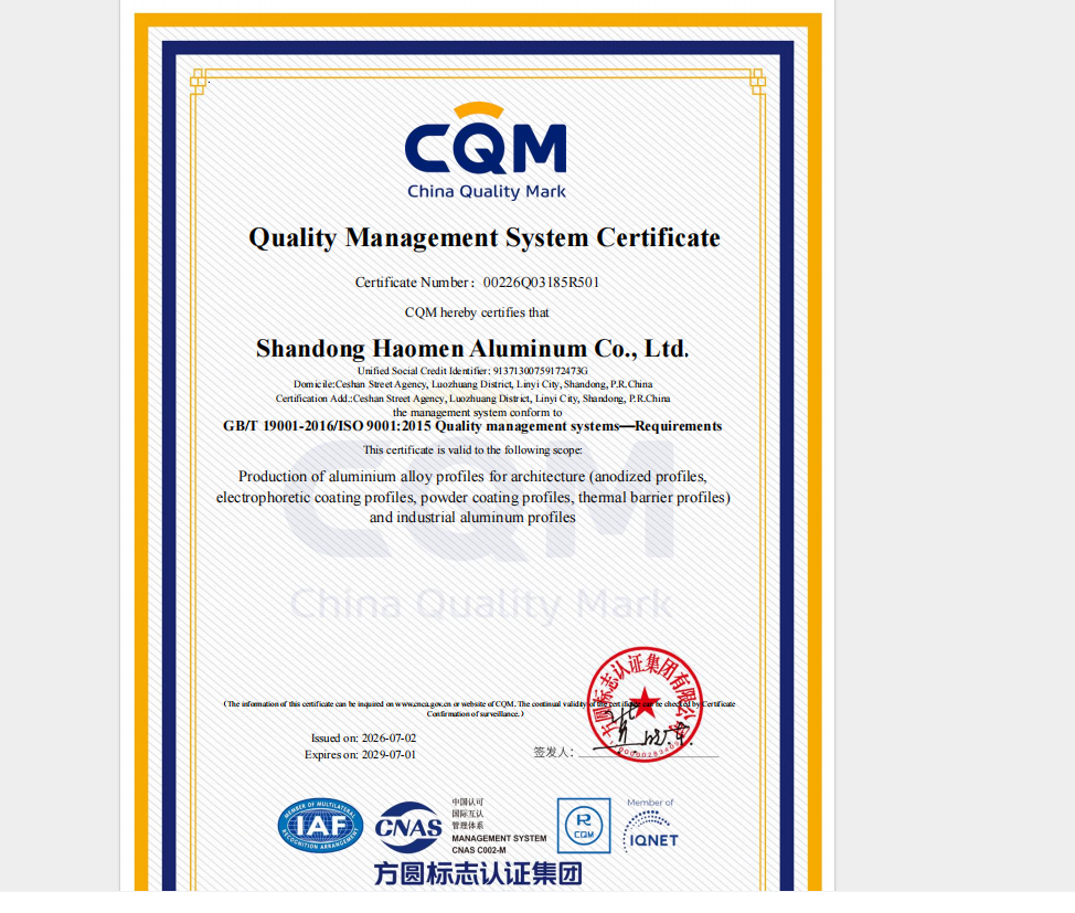 ISO 9001 certificate of Haomen Aluminum - certificate number 00226Q03185R501 issued by China Quality Mark Certification Group