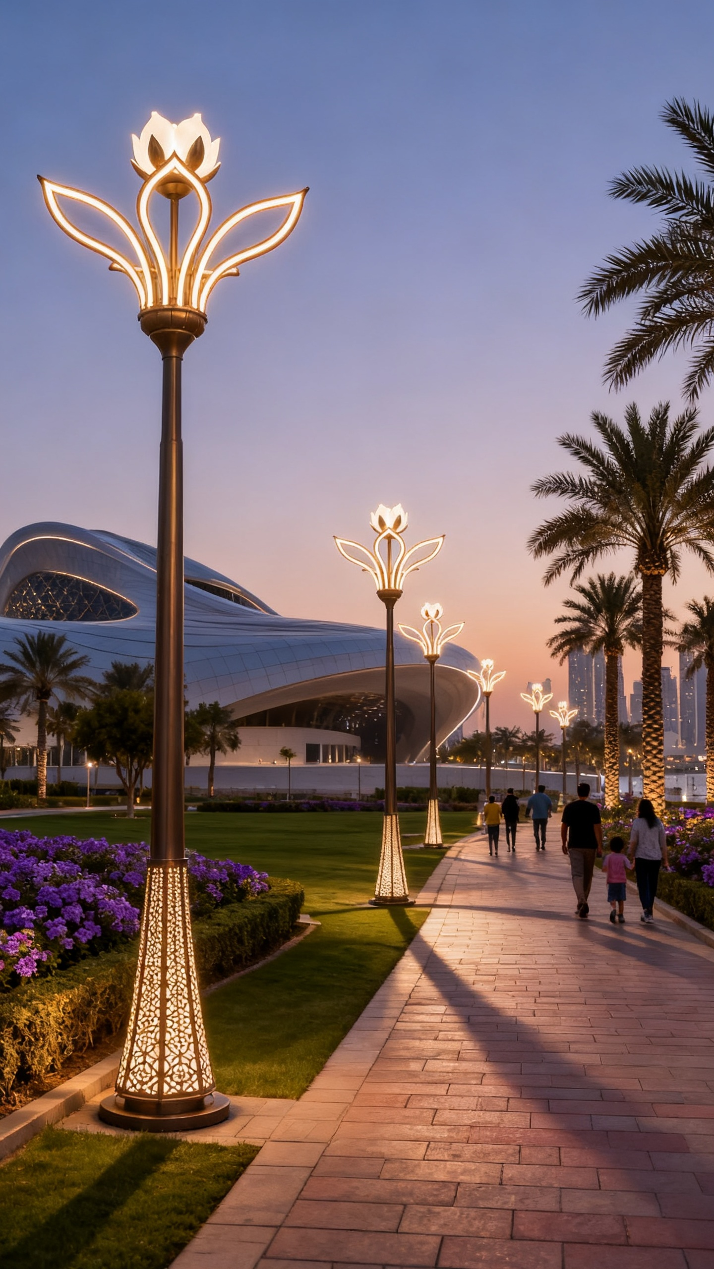 Bespoke lotus-shaped street lights installed in a Middle Eastern city park