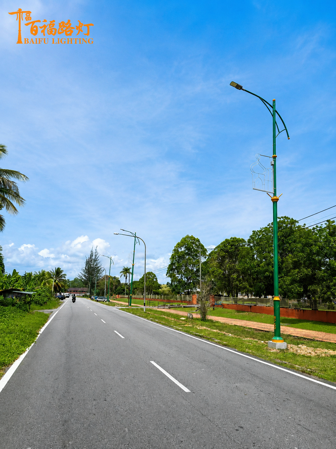 Custom landscape street lights installed along a municipal urban road project