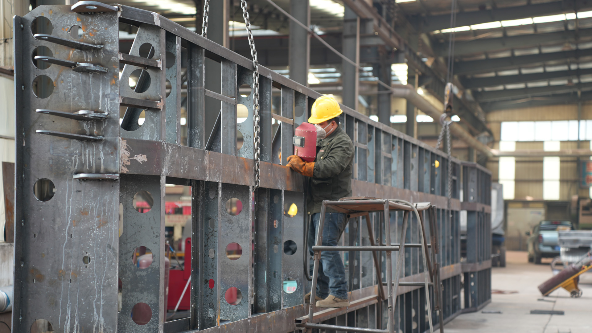 Steel frame fabrication for semi trailers at a Chinese trailer manufacturing facility