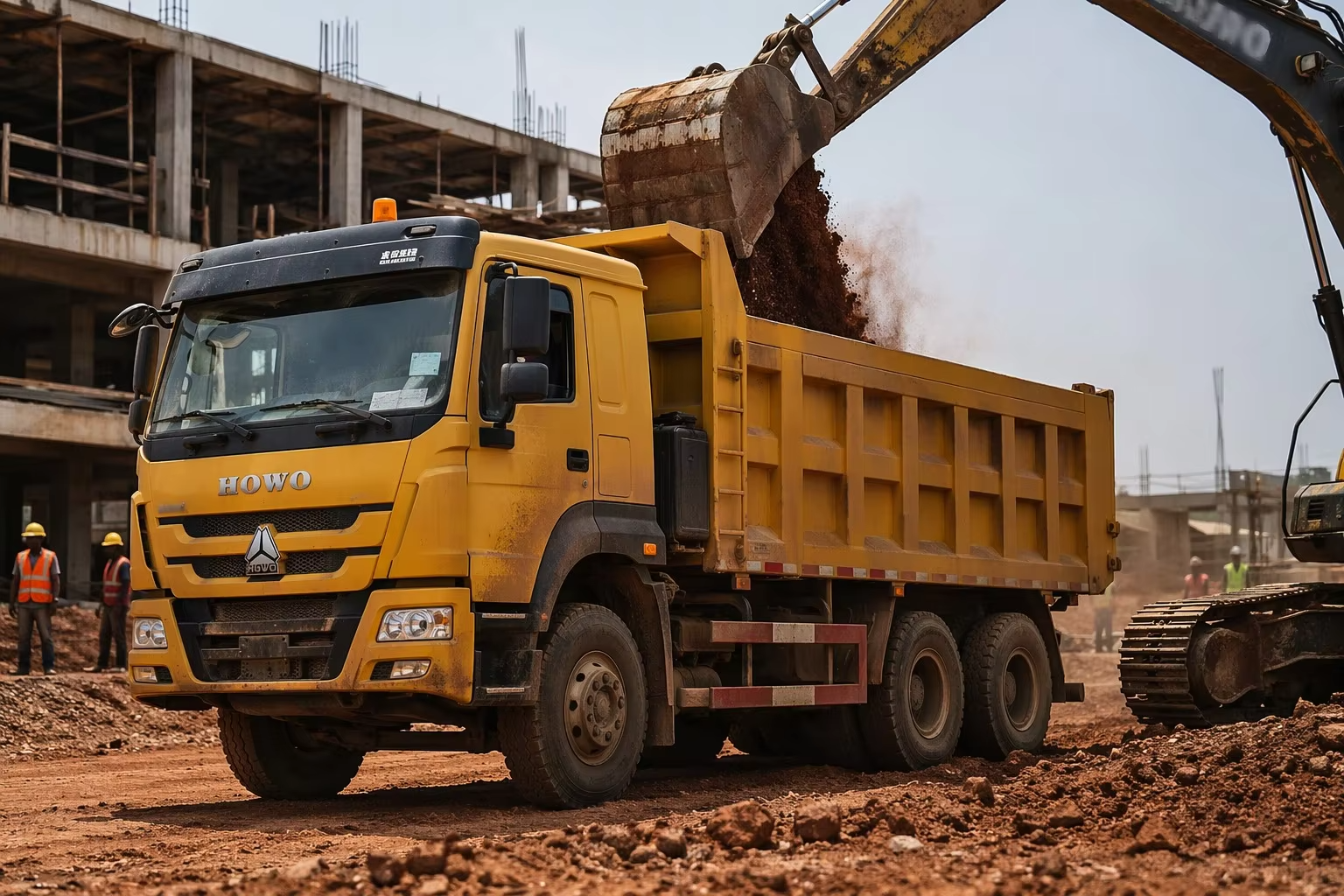 Excavator loading aggregate into dump truck at construction site