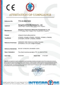 CE Attestation of Compliance for Ultrasonic Food Cutting Machine