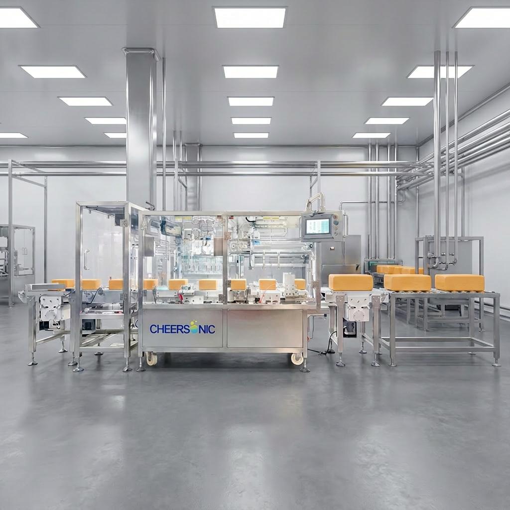 Cheersonic UFM1000C ultrasonic round cheese cutting system with 3D scanning and AI cutting
