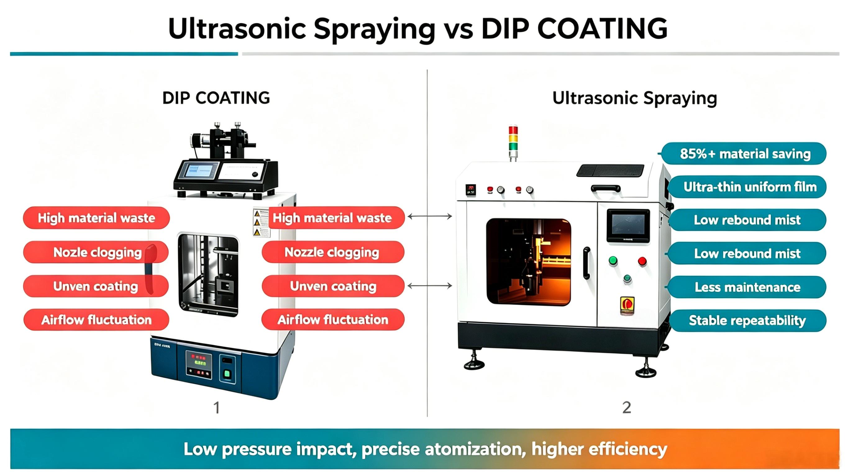 Ultrasonic spraying compared with dip coating on material utilization, thickness uniformity and liquid consumption