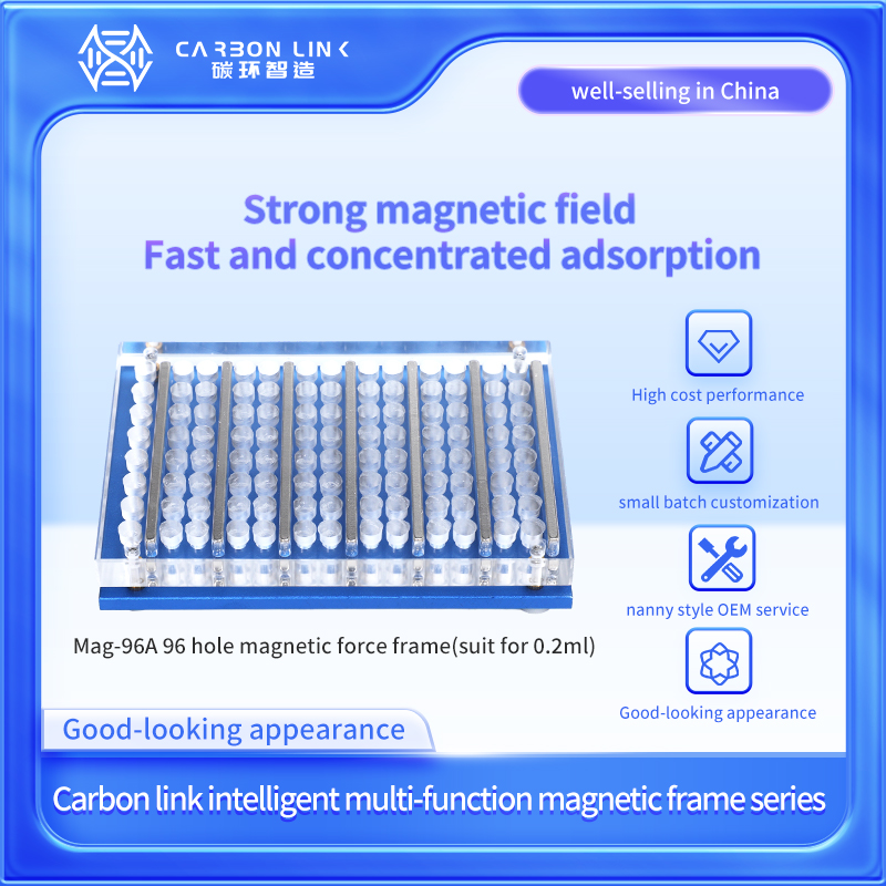 Side-magnet 96-well magnetic separation rack (Mag-96A) keeping the bead pellet out of the robot pipetting path