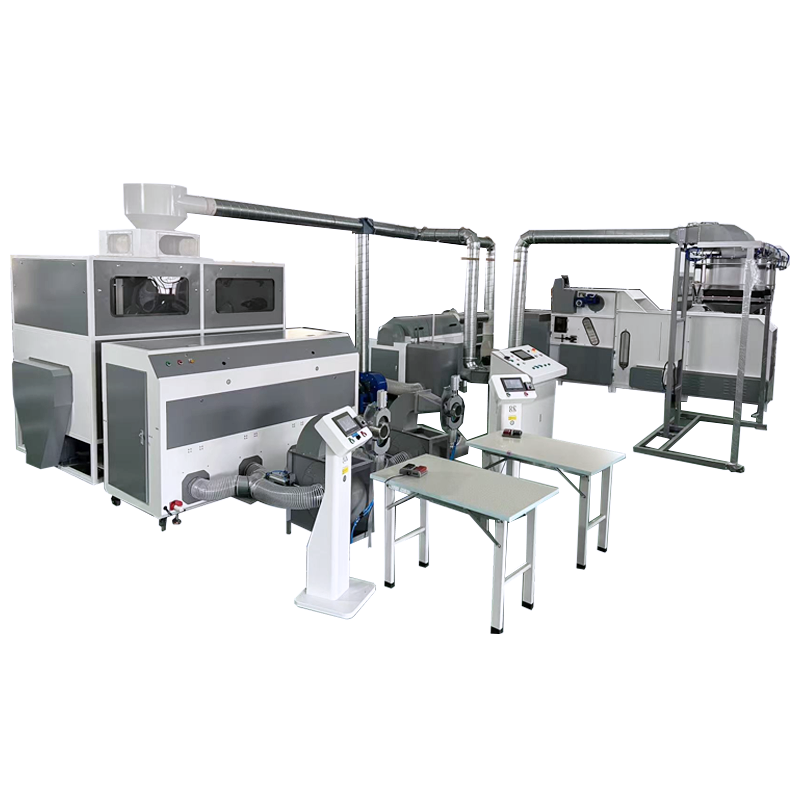 Automated pillow filling and fiber ball bagging production line in a home textile workshop
