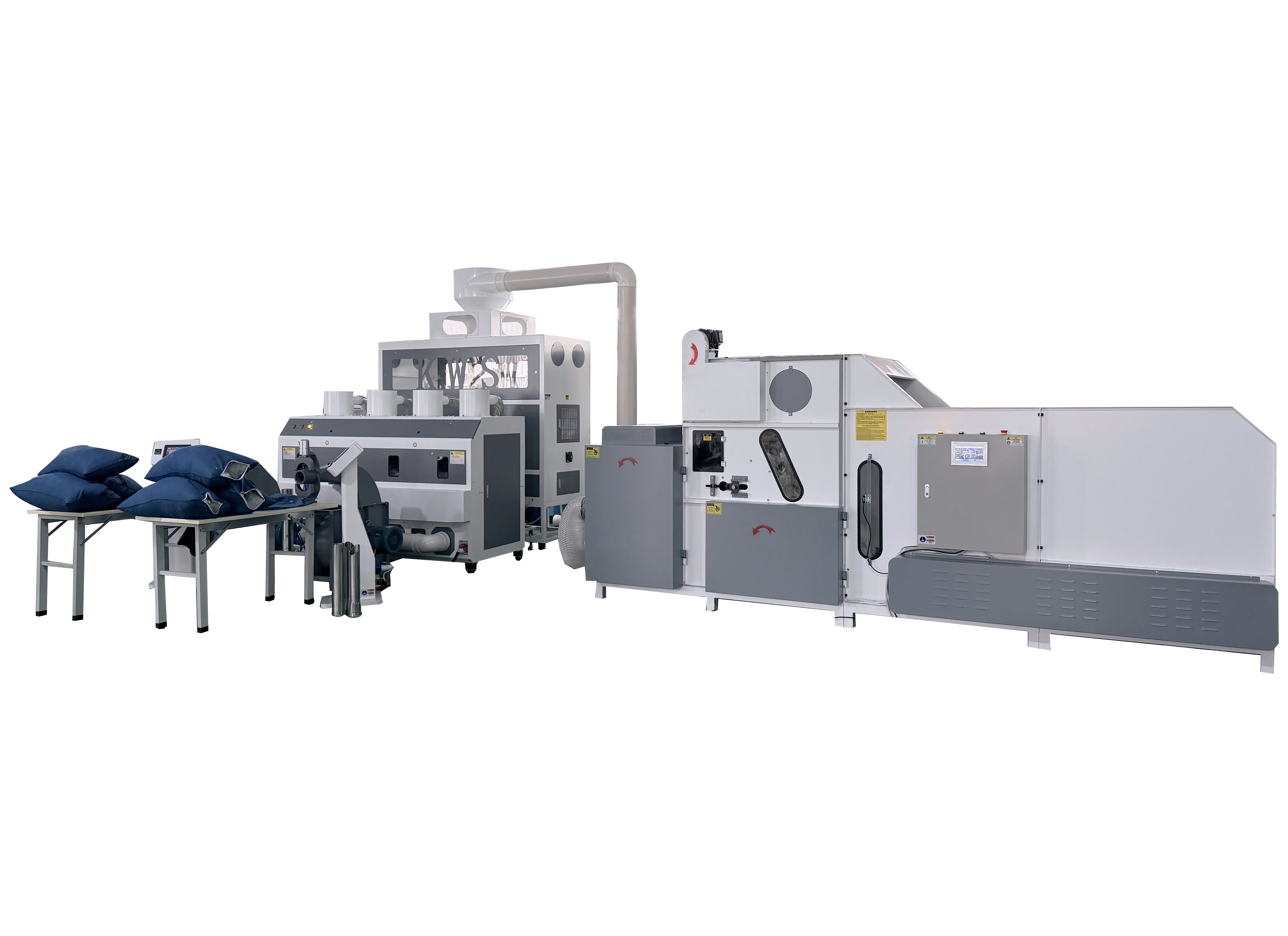Fiber pillow filling line in operation at a home textile equipment manufacturing facility