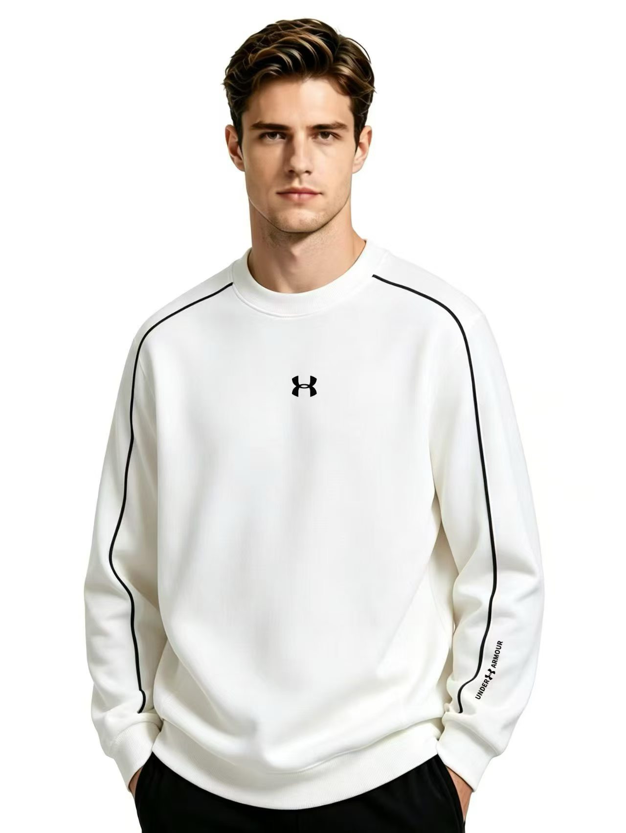 Custom white crewneck sweatshirt with stripe detail produced for a brand program