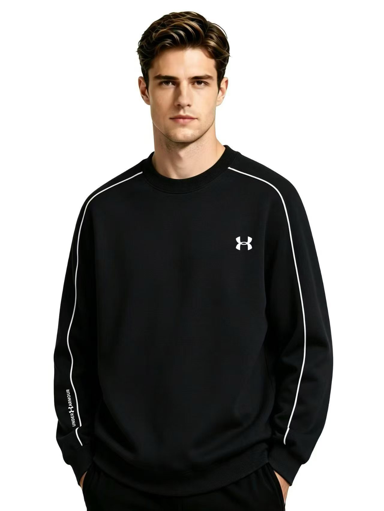 Custom black crewneck sweatshirt with sleeve stripe