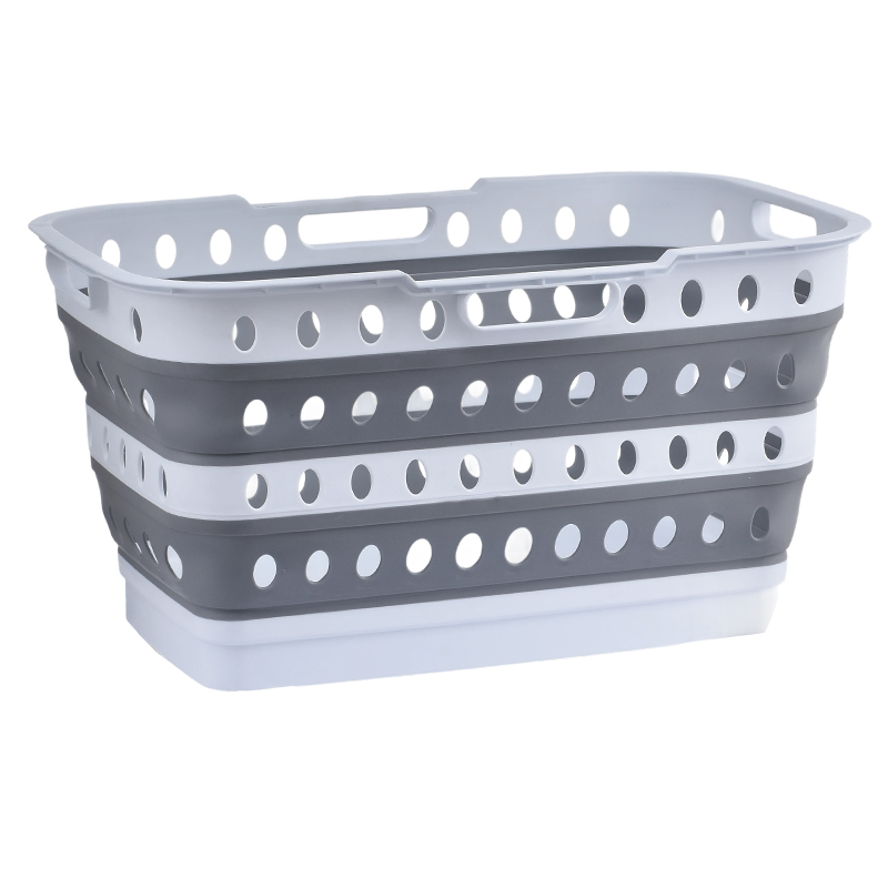 43L perforated folding laundry basket showing reinforced side walls and integrated handles