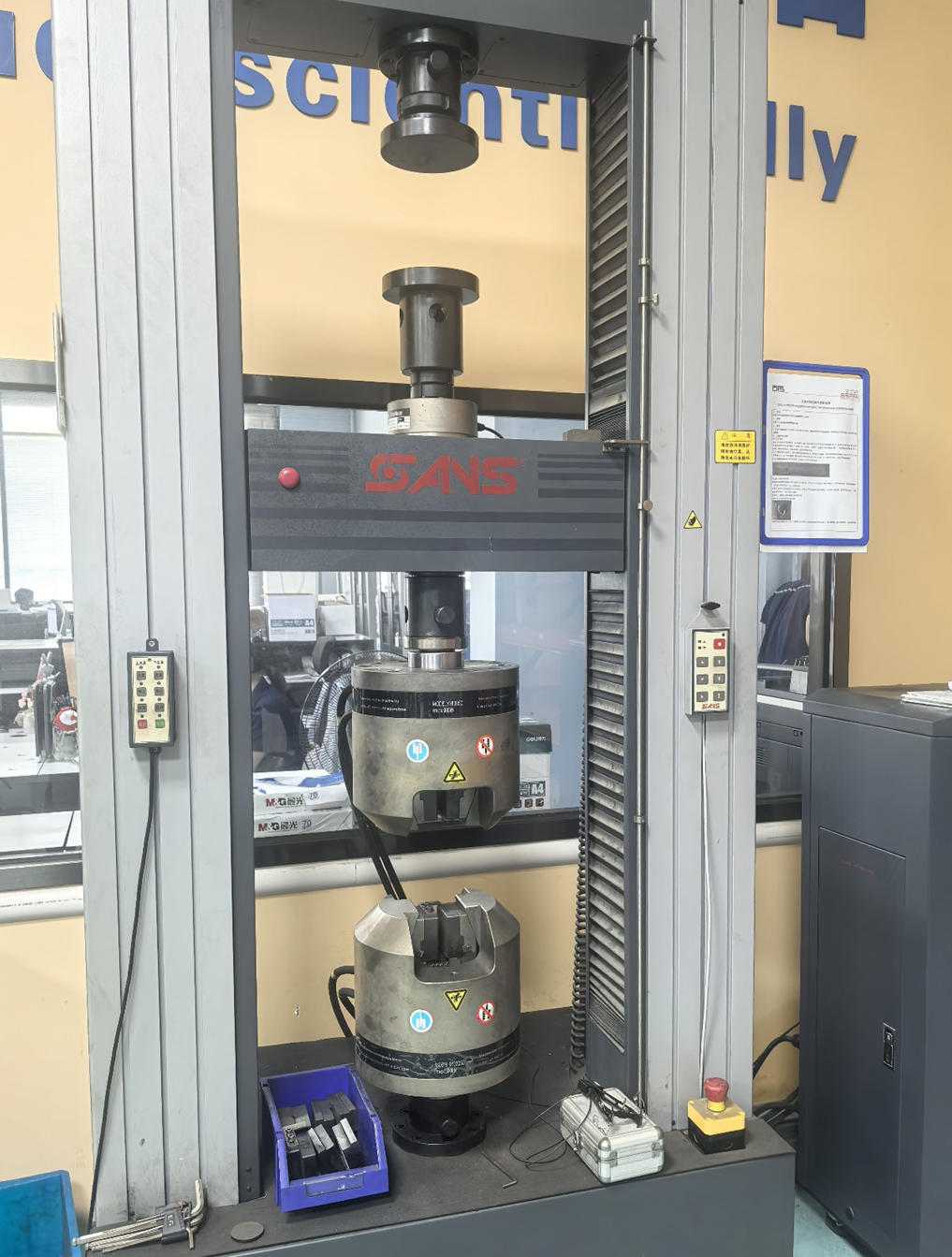 In-house tensile testing machine used for incoming material mechanical property verification