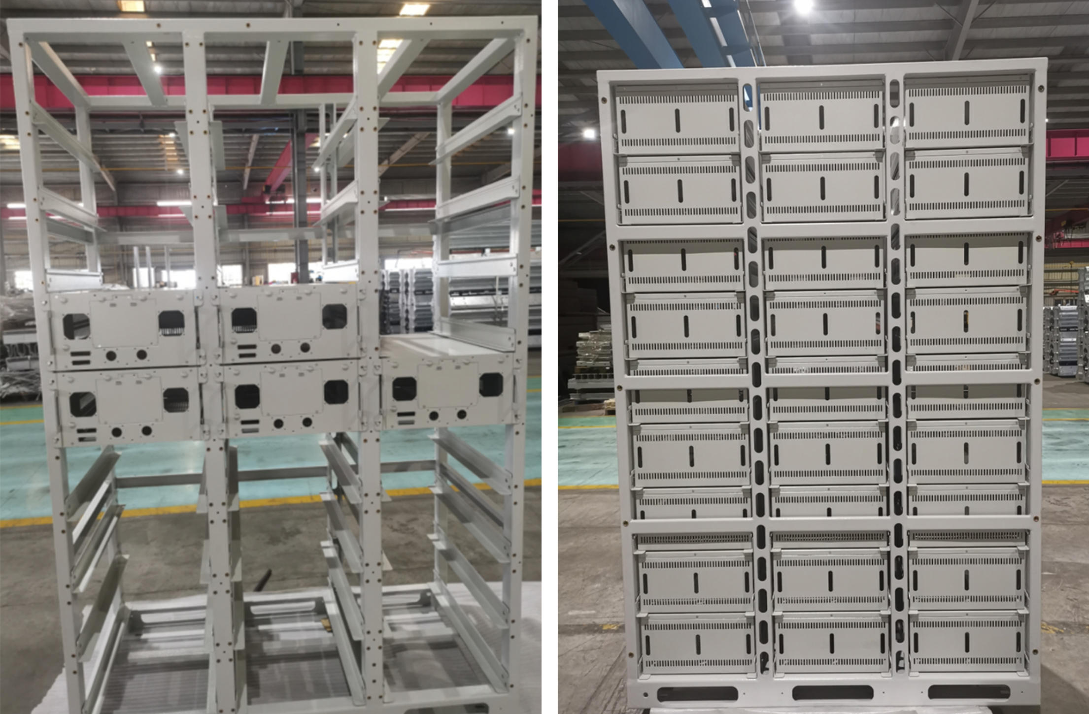 Punched and formed steel boxes and cluster frames assembled into an energy storage system rack