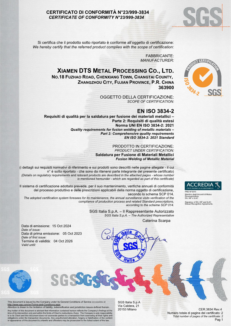 ISO 3834-2 fusion welding certification certificate issued to Xiamen Openex Mechanical Technology Ltd by SGS, certificate number 23/999-3834