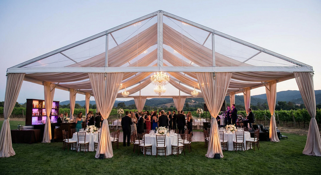 Interior view of an aluminum frame event tent showing clear span space