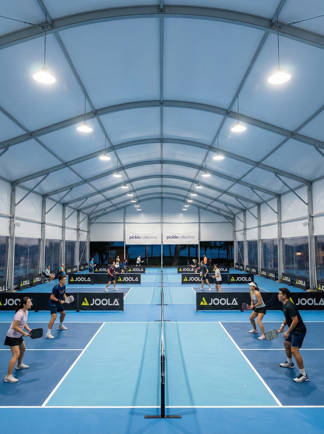 Aluminum frame tent used as a sports venue for pickleball or tennis