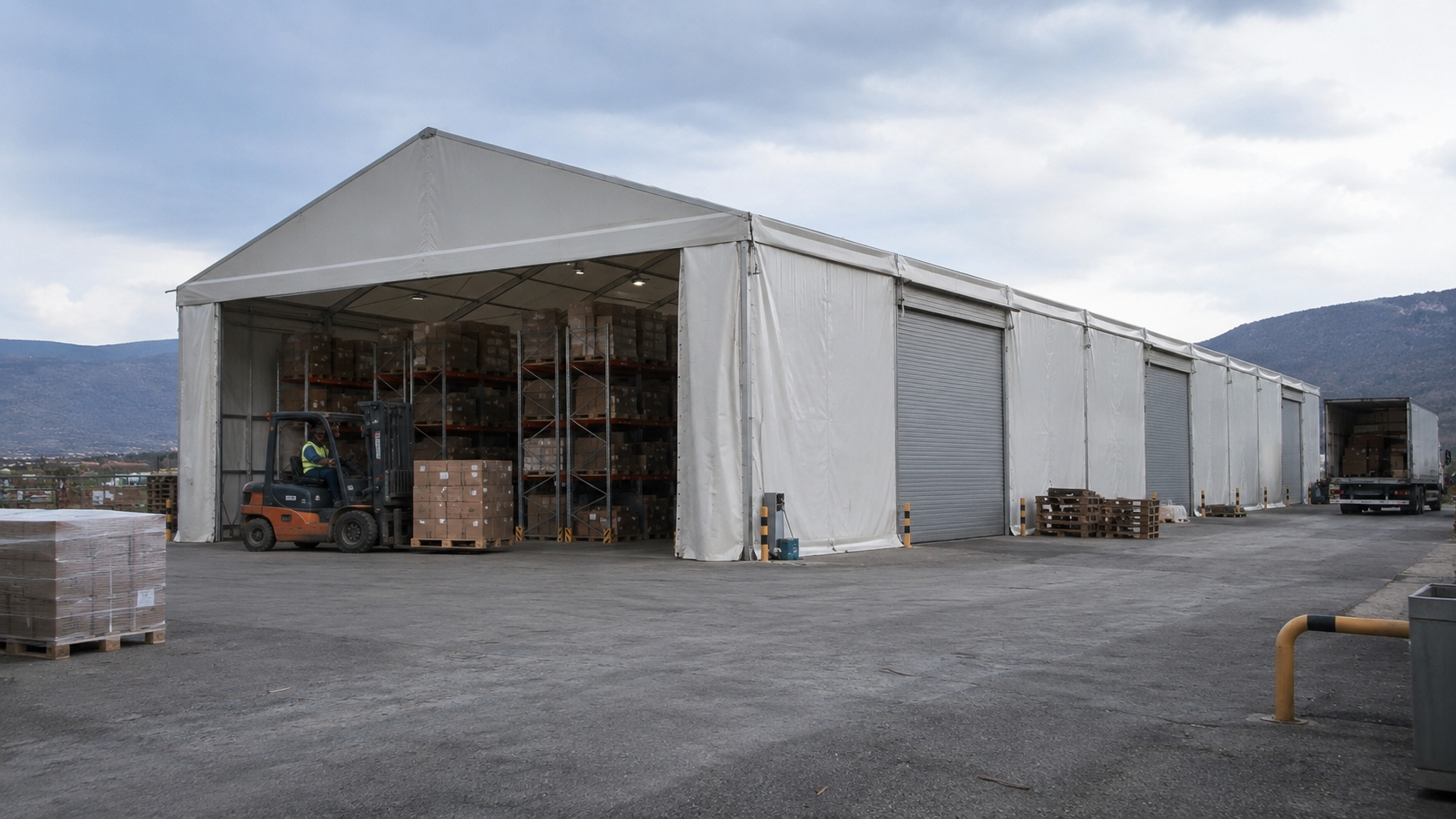 Industrial aluminum frame tent used for warehousing and storage