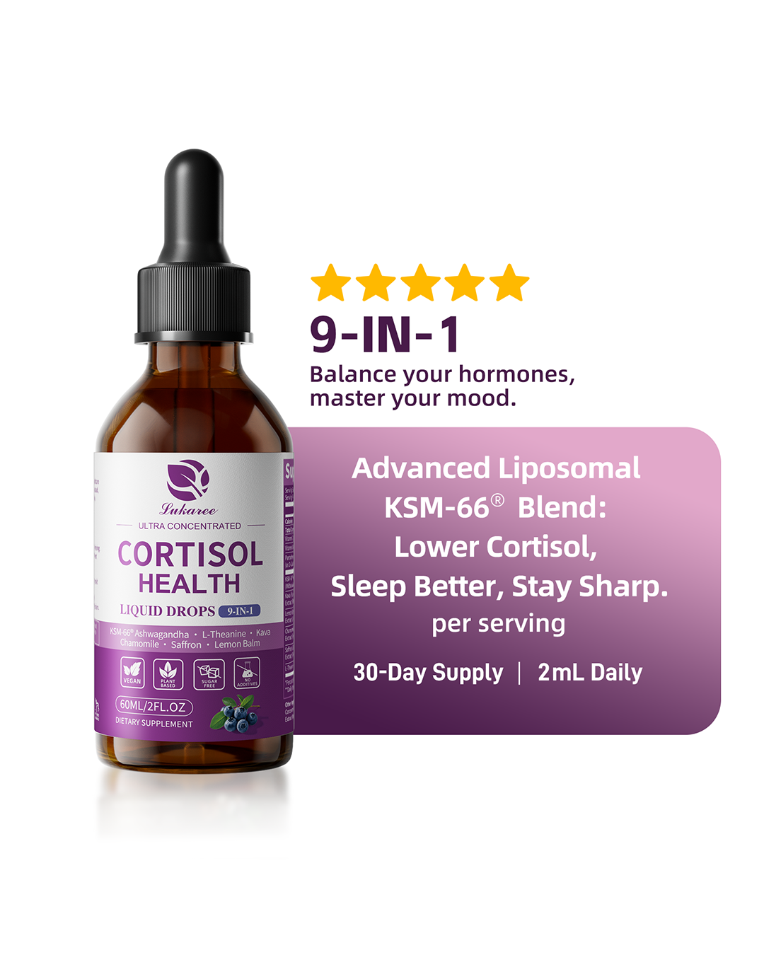 Lukaree Cortisol Support Drops 9-in-1 with KSM-66® Ashwagandha