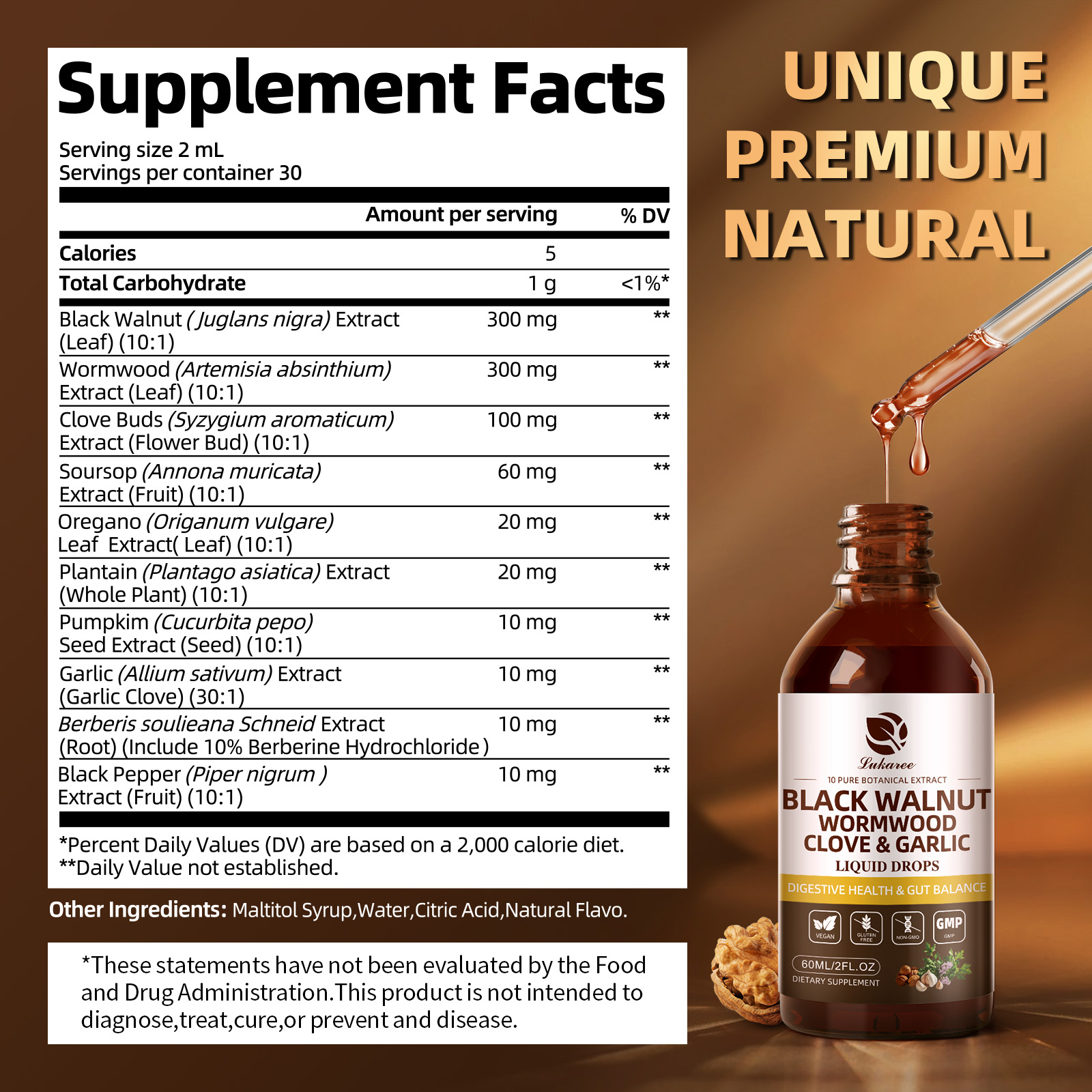 Lukaree Black Walnut Wormwood Tincture supplement facts label