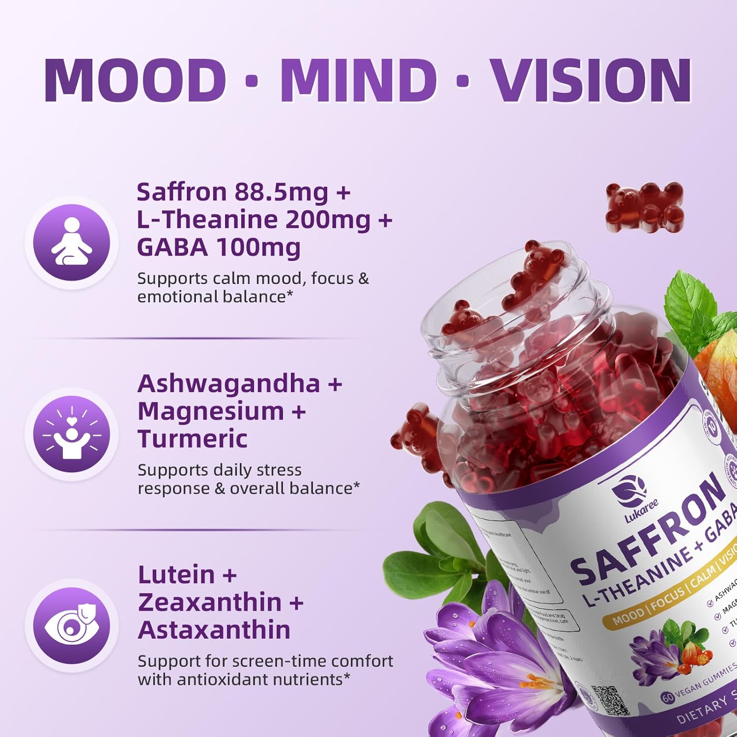 Lukaree 10-in-1 Saffron Gummies – Mood, Focus & Eye Support