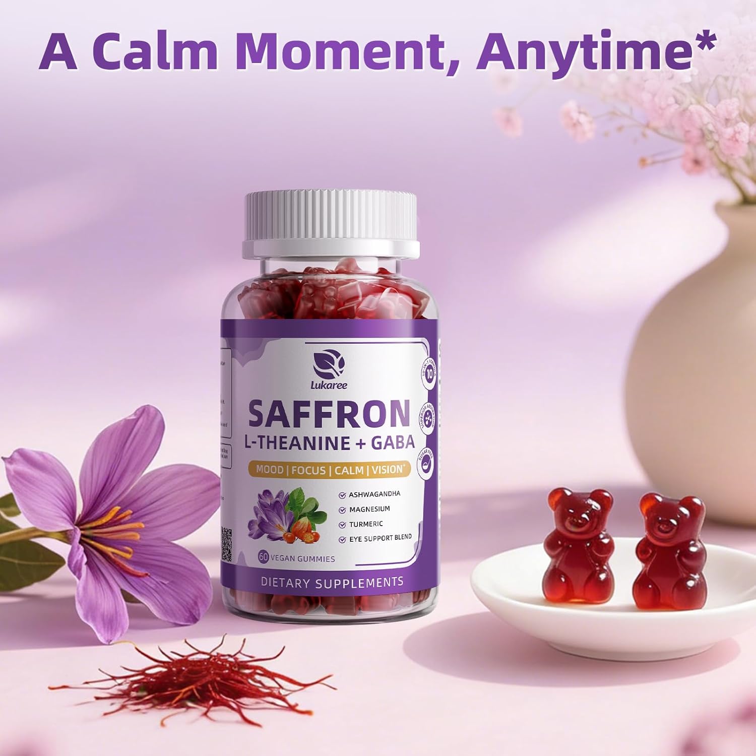 Lukaree 10-in-1 Saffron Gummies for mood and stress support product display