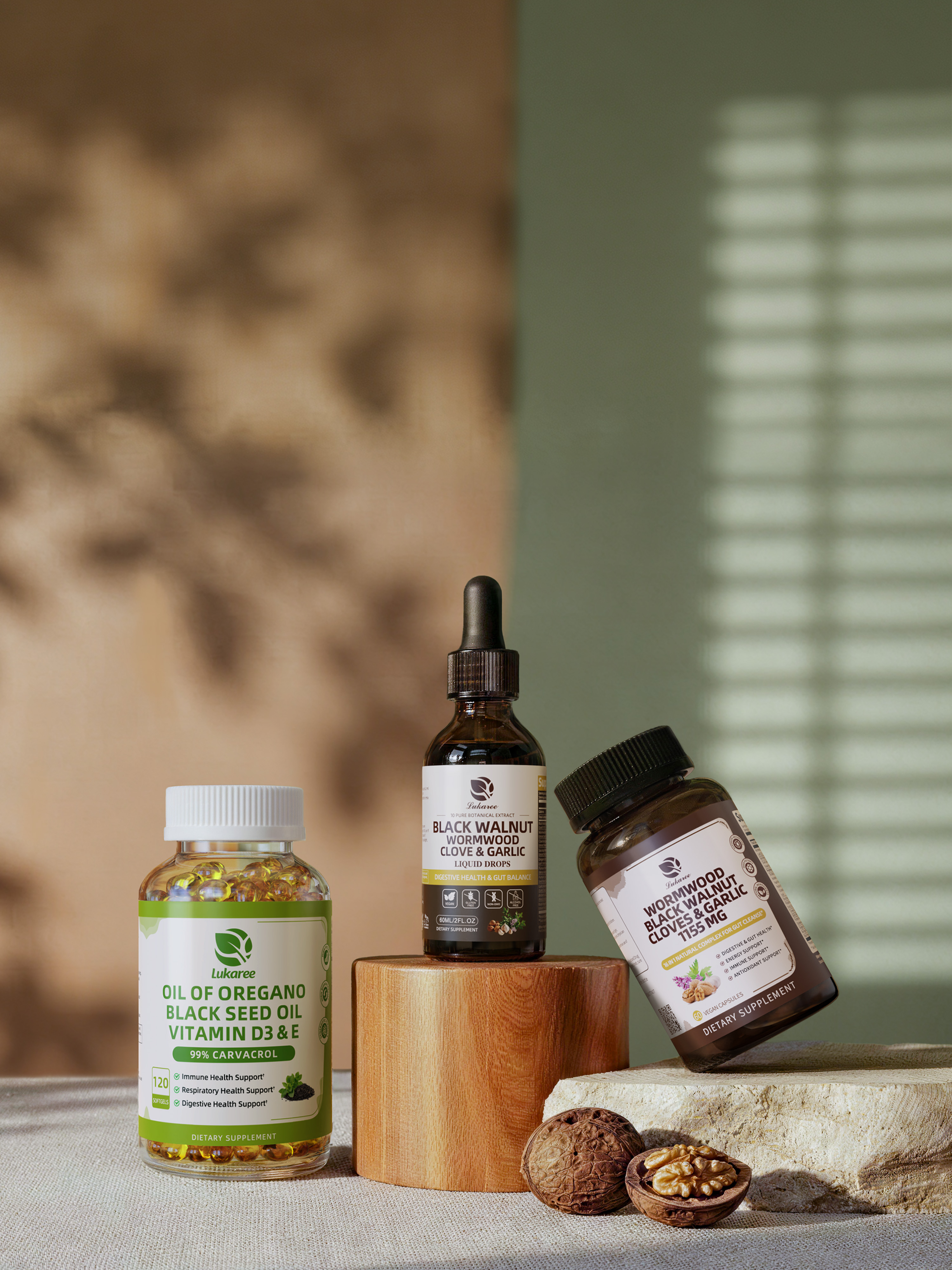Lukaree liquid tincture and capsule herbal supplement formats shown together