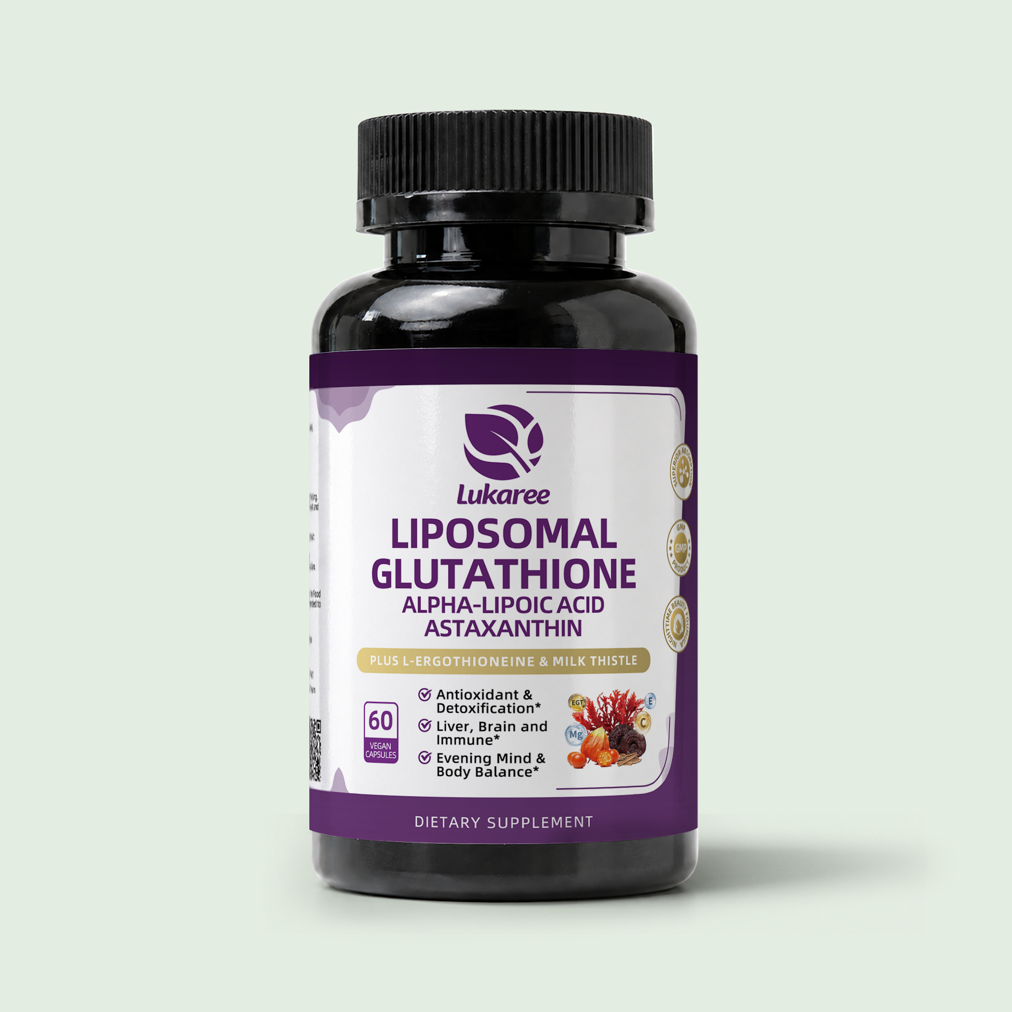 Liposomal Glutathione 500mg Complex 60 capsule bottle for nightly routine specification review