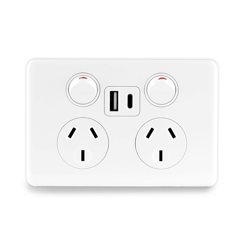 HT336 SAA-certified Australian standard horizontal double power point with USB A and Type-C charging ports