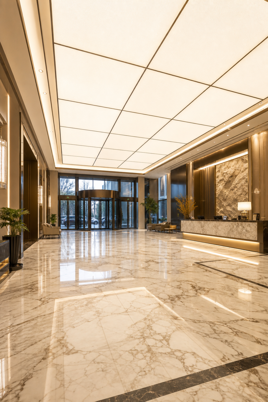 Hotel lobby illuminated with edge-lit light guide panel ceiling
