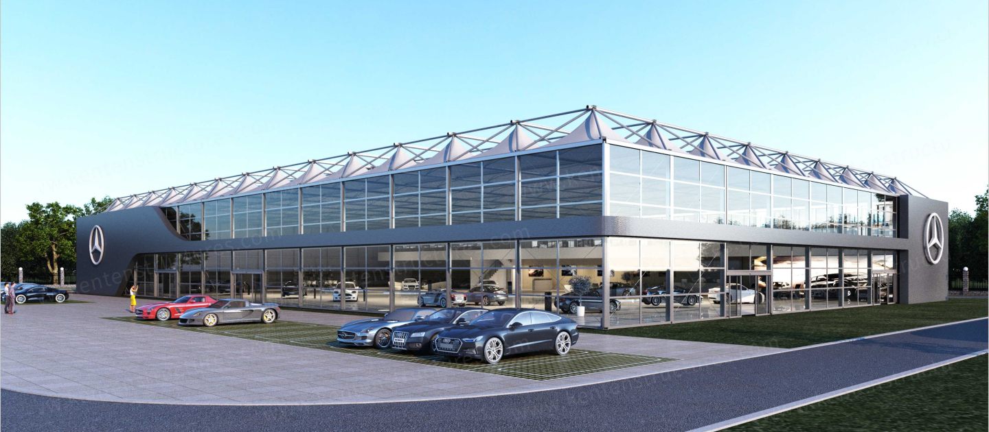 Structure tent configured as an automotive showroom with vehicle access and glazed frontage