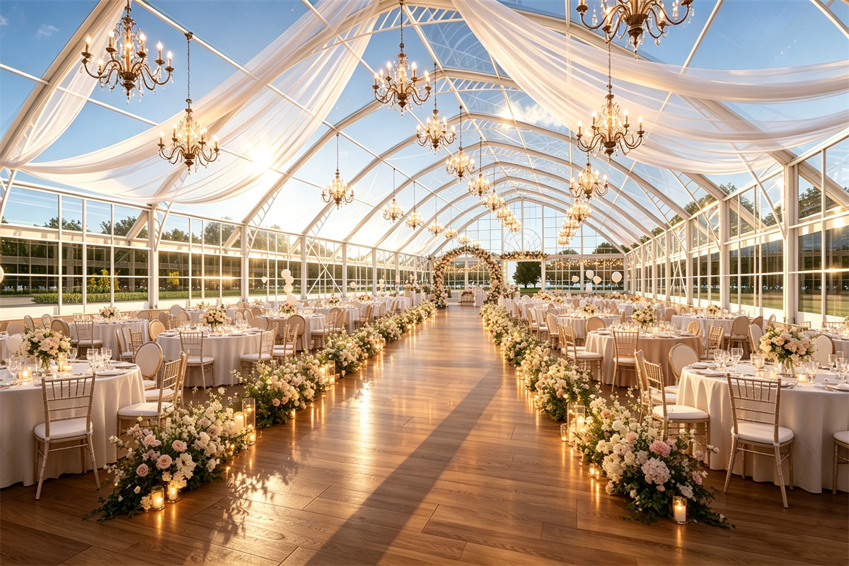 Wedding tent with clear-span aluminum frame and decorative interior