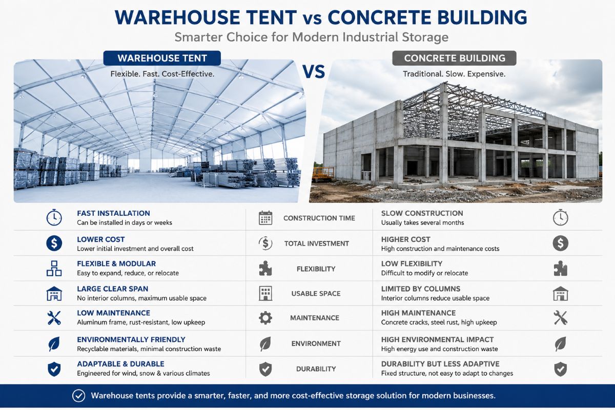 Warehouse tent compared with a concrete building for event venue cost analysis