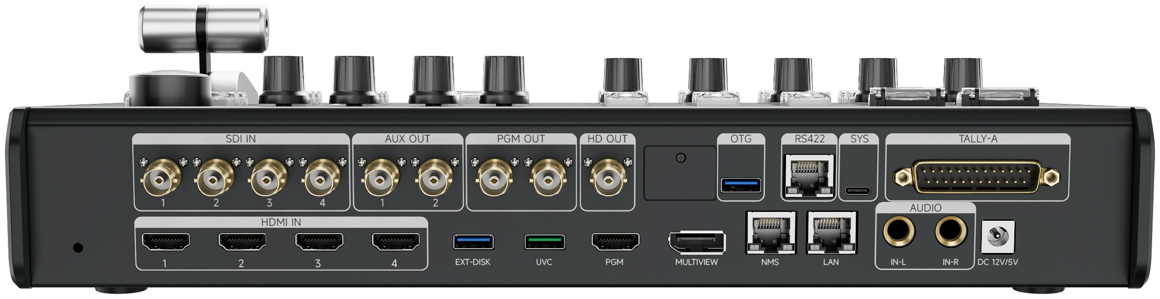 12G-SDI or HDMI 2.0 selectable inputs on a broadcast production switcher chassis
