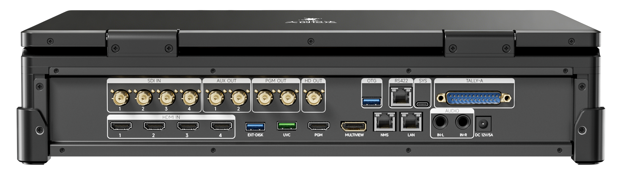 Production switcher with selectable 12G-SDI and HDMI 2.0 inputs used in live production