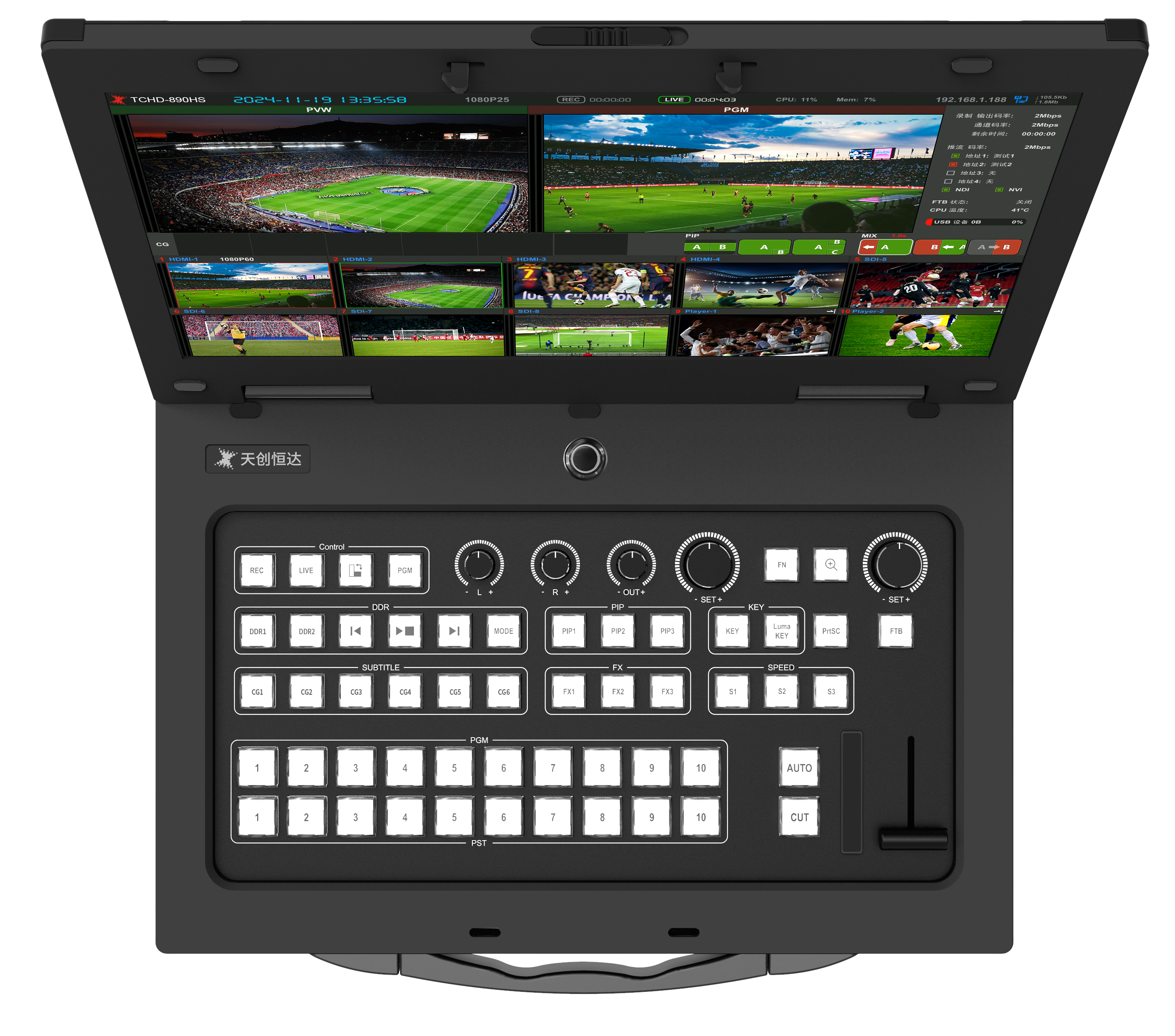 Multi-protocol live stream switcher rear panel and interface layout for multi-platform streaming