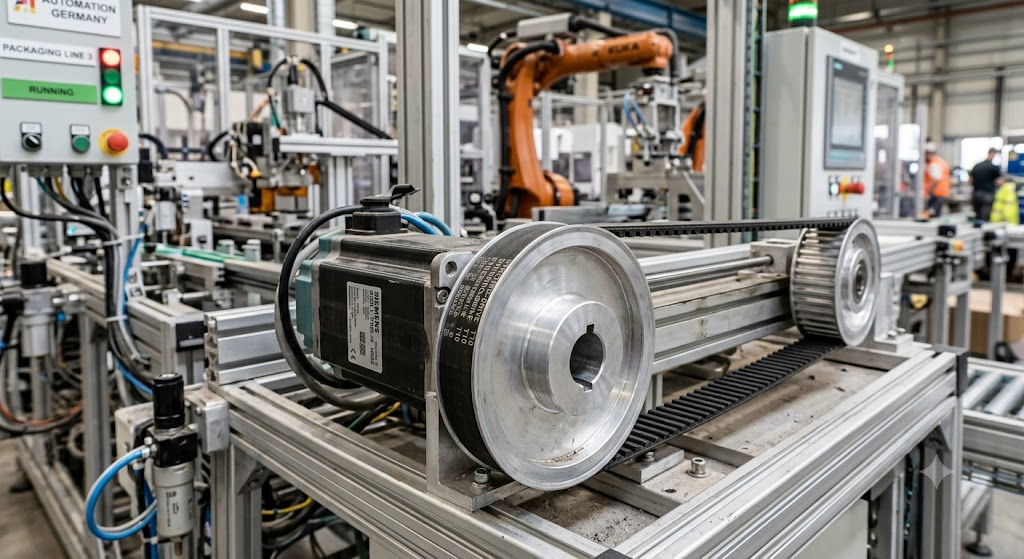 Industrial automation factory scene showing timing belts and pulleys in use