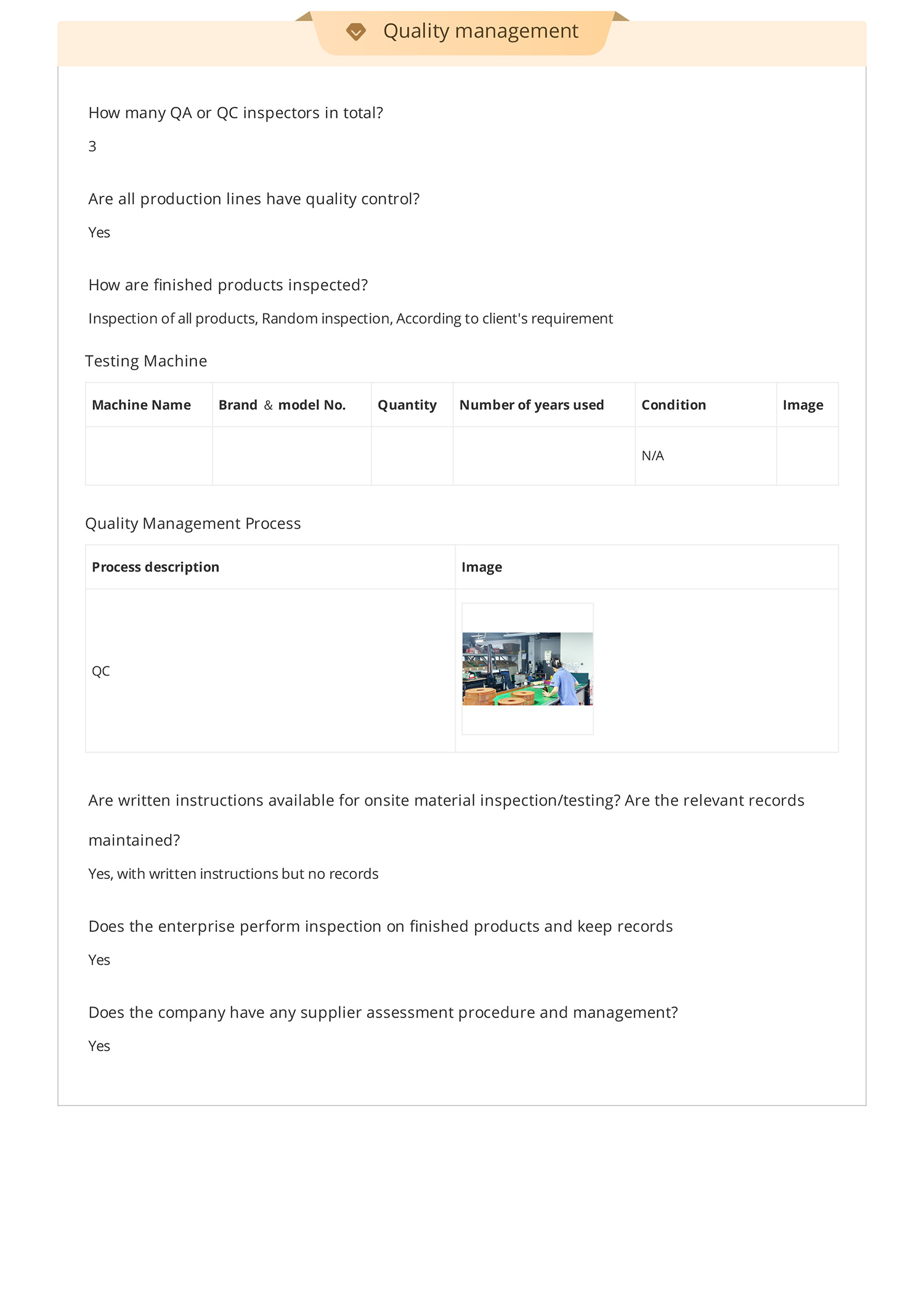 Production assessment report page for the partner factory of Dongguan Zhende Machine Equipment Co Ltd, timing belt production scope