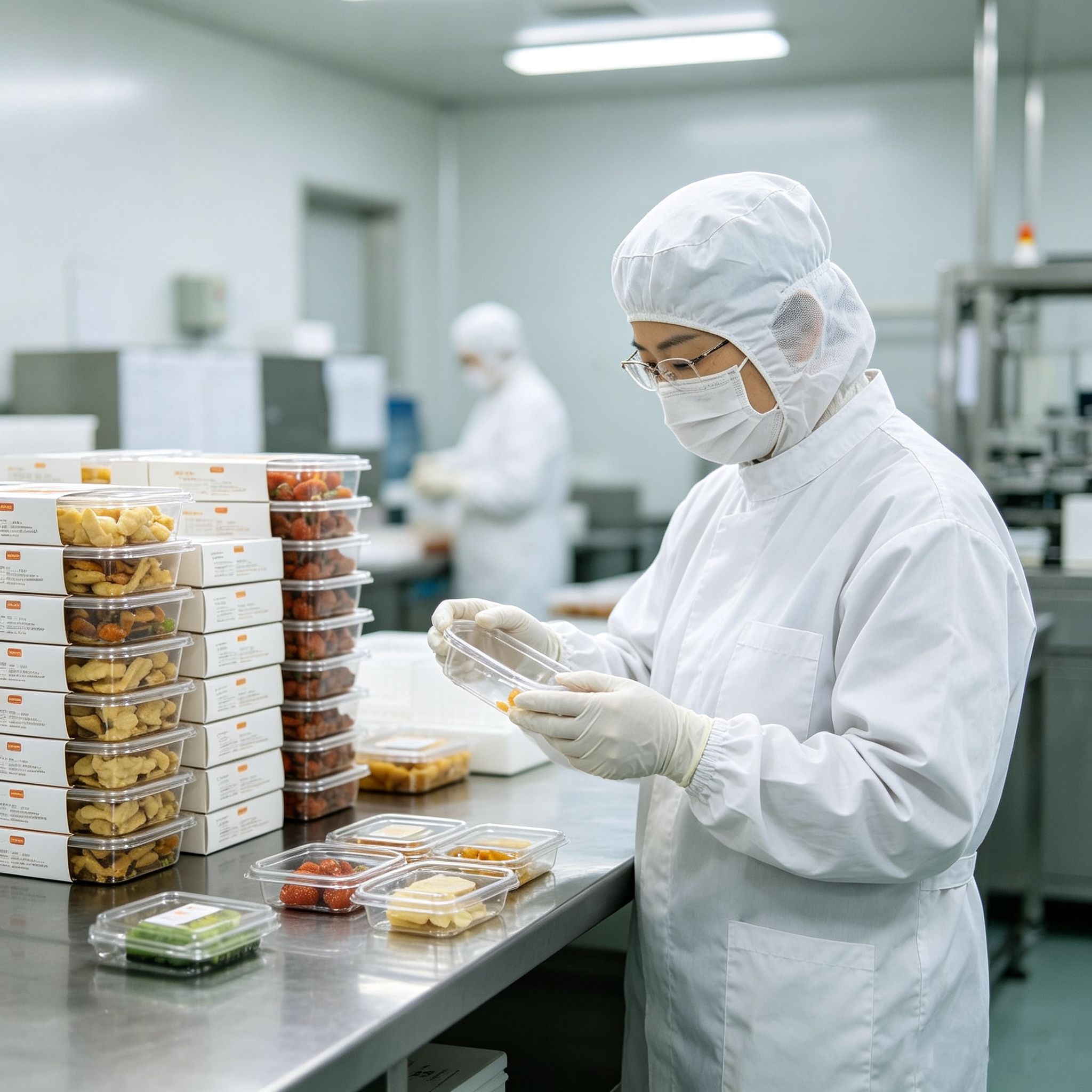 Batch acceptance of packaged food containers at the warehouse before distribution
