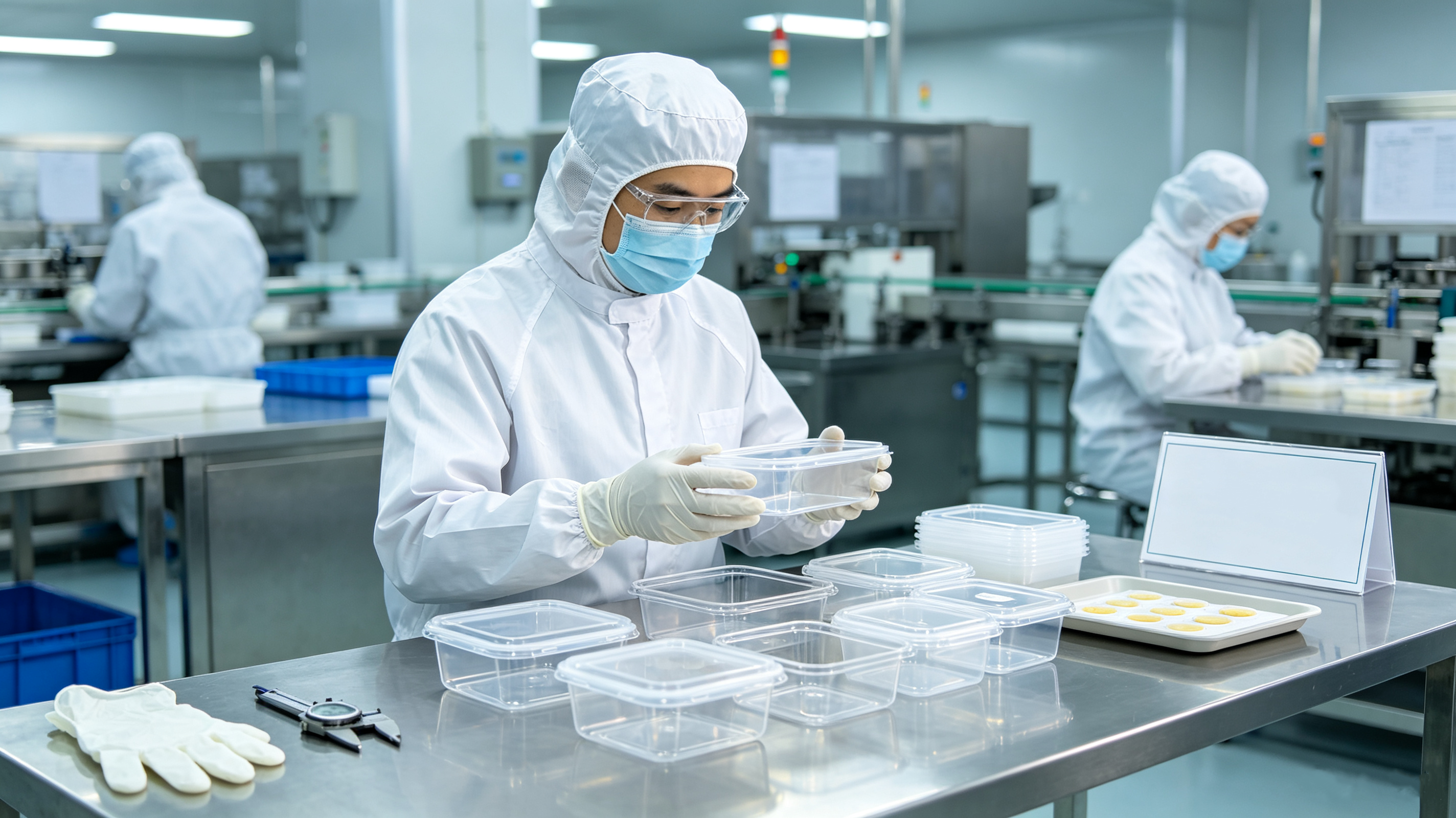 Quality inspection station checking food-grade bakery trays for contamination, temperature resistance and stacking deformation